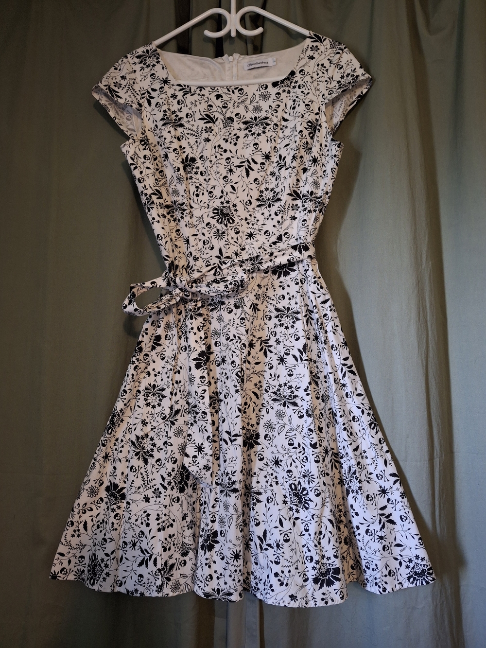 Classic Black & White Floral Midi Dress with Tie Waist